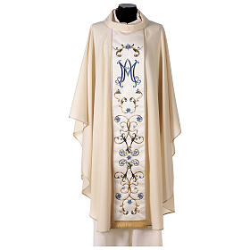 Ivory Marian chasuble with light blue flowers, 100% wool Gamma