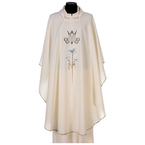 Marian chasuble, 100% polyeter, machine embroidery, lily and monogram Gamma 1