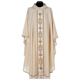 Ivory chasuble with woven wool fabric, machine embroidered orphrey Gamma