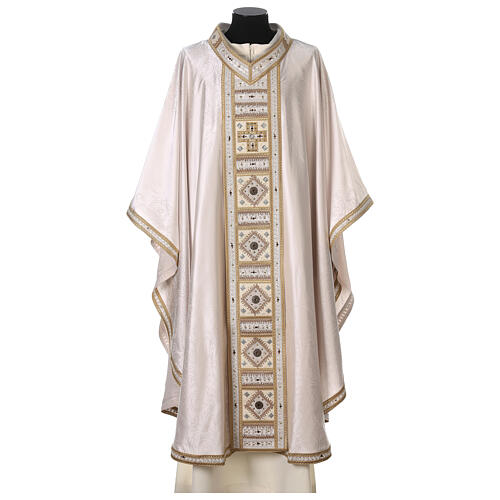 Ivory-coloured chasuble with golden orphrey band and stones, acetate and viscose Gamma 1
