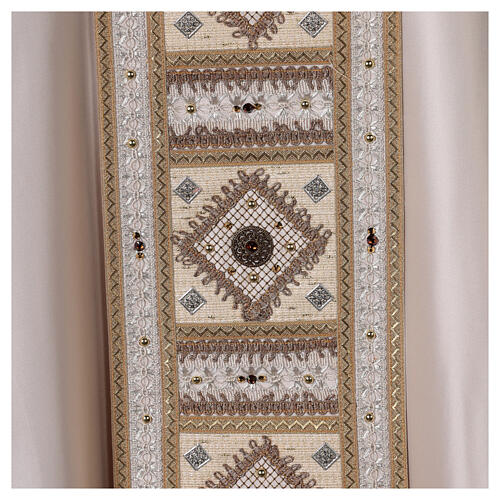 Ivory-coloured chasuble with golden orphrey band and stones, acetate and viscose Gamma 4