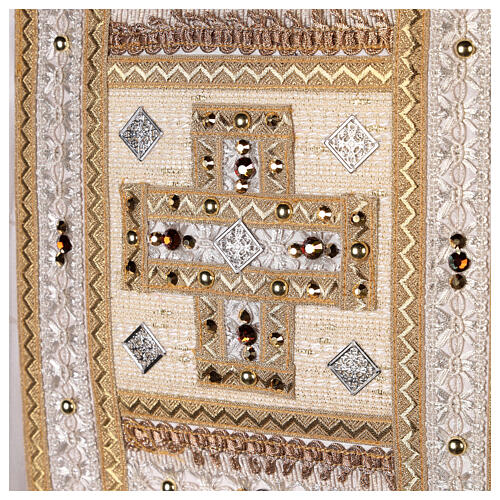 Ivory-coloured chasuble with golden orphrey band and stones, acetate and viscose Gamma 11