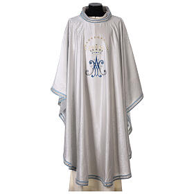 White chasuble with machine-embroidered marial pattern, acetate and viscose Gamma