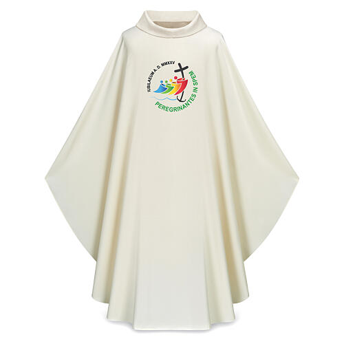 Slabbinck ivory chasuble with 2025 Jubilee official logo, Dupion fabric 1