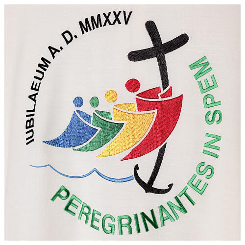 Casula cor de marfim Slabbinck Jubileu 2025 em tecido Dupion logótipo oficial a cores 3