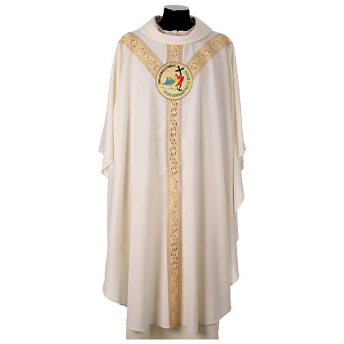 Slabbinck Gothic chasuble, ivory-coloured fabric with embroidered golden Jubilee logo 1