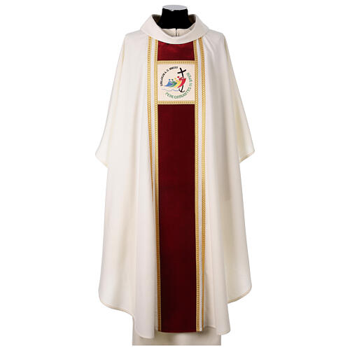 Slabbinck ivory-coloured Gothic chasuble with red velvet band and 2025 Jubilee logo, luxury Dupion fabric 1