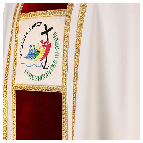 Slabbinck ivory-coloured Gothic chasuble with red velvet band and 2025 Jubilee logo, luxury Dupion fabric 5