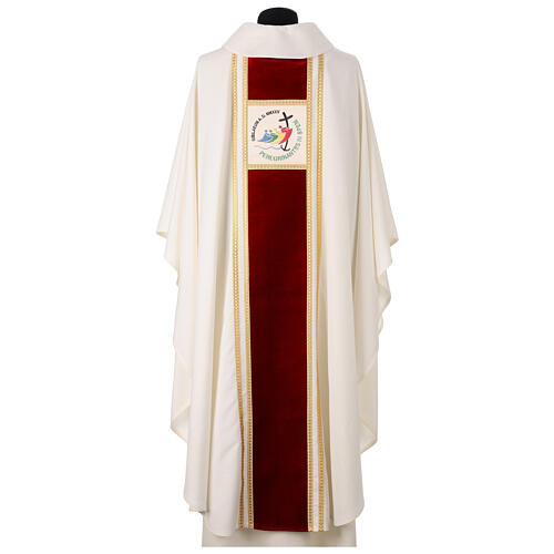 Slabbinck ivory-coloured Gothic chasuble with red velvet band and 2025 Jubilee logo, luxury Dupion fabric 6