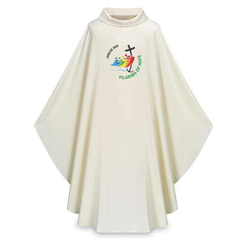 Slabbinck ivory chasuble in dupion with colored official Jubilee 2025 logo, English language 1