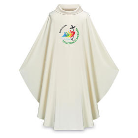 Ivory-coloured Dupion chasuble by Slabbinck with Jubilee 2025 official logo, ITA full-colour embroidery