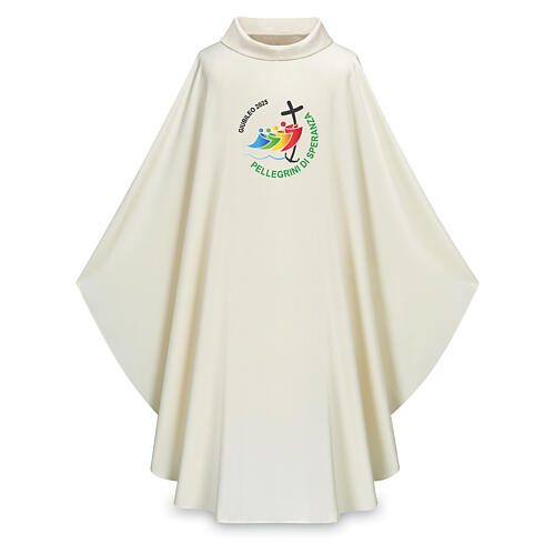 Ivory-coloured Dupion chasuble by Slabbinck with Jubilee 2025 official logo, ITA full-colour embroidery 1