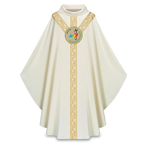 Chasuble gotique Slabbinck Jubilé 2025 logo officiel brodé FRA couleur ivoire et or 1