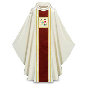 Ivory-coloured Dupion chasuble by Slabbinck with red band, Jubilee 2025 official logo in ENG