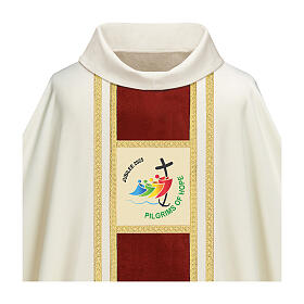 Ivory-coloured Dupion chasuble by Slabbinck with red band, Jubilee 2025 official logo in ENG