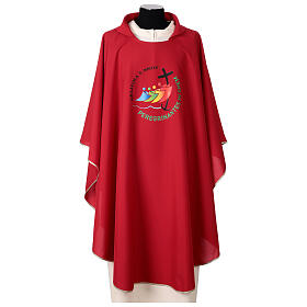 Red chasuble Jubilee 2025, multilingual logo printed in colours.