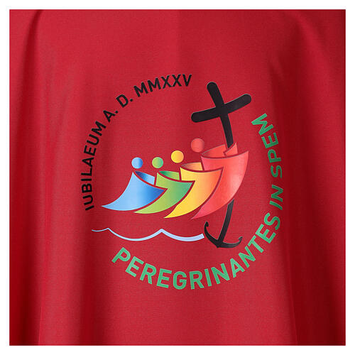 Red chasuble Jubilee 2025, multilingual logo printed in colours. 3