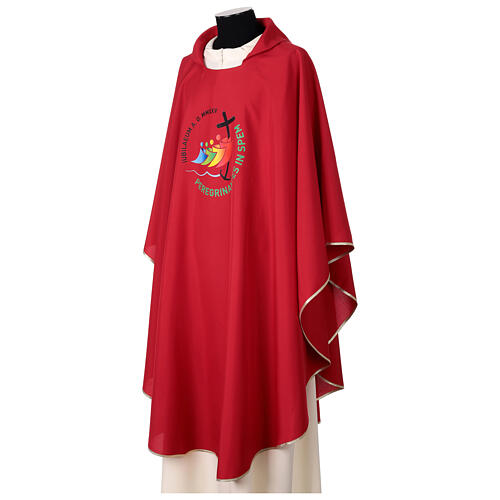 Red chasuble Jubilee 2025, multilingual logo printed in colours. 5