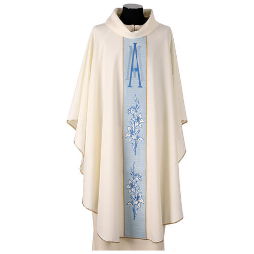 Ivory-coloured chasuble with Marian embroidery on the central band, 100% polyester 1