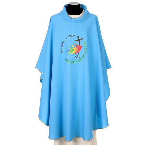 Chasuble Jubilé 2025 logo imprimé tissu Vatican bleu ciel 1