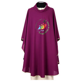 Printed Tyrian purple chasuble with Jubilee 2025 logo, Vatican fabric