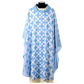 Light blue chasuble with blue cross print by Vebi Confezioni