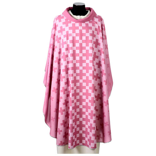 Pink chasuble with dark pink cross print by Vebi Confezioni 1