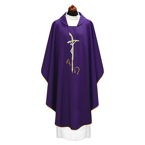 Kasel mit stilisiertem Christus am Kreuz und Alfa-Omega-Stickerei – goldfarbener Saum 7