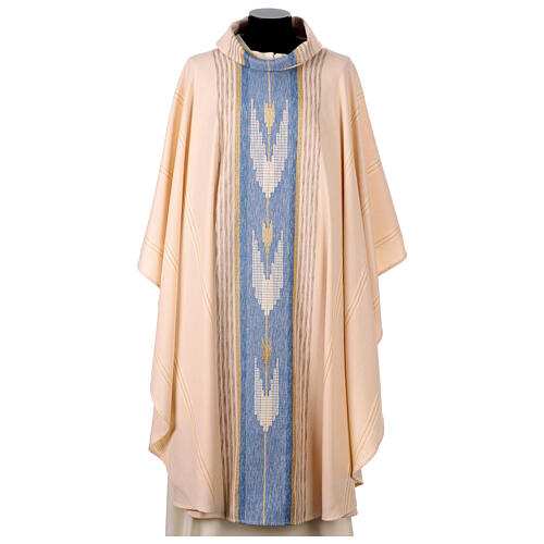 Chasuble crème galon bleu ciel blanc et or 1