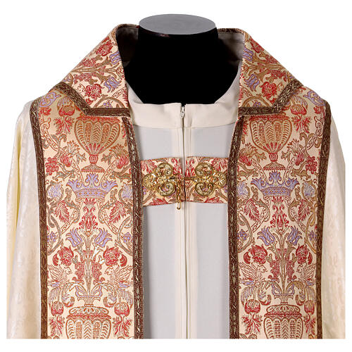 Capa de asperges tecido damasco estolas passamanaria motivo floral dourado 3