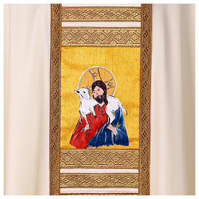 Ivory hand-painted silk chasuble, Jesus the Good Shepherd by Vebi Confezioni