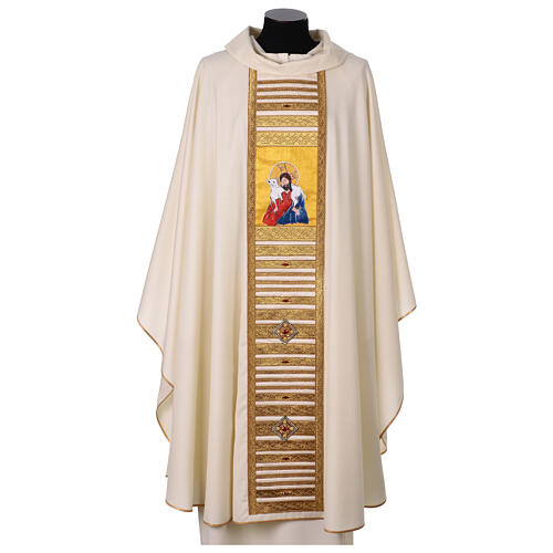 Ivory hand-painted silk chasuble, Jesus the Good Shepherd by Vebi Confezioni 1