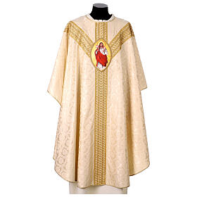 Ivory-coloured silk damask chasuble, hand-painted Good Shepherd by Vebi Confezioni