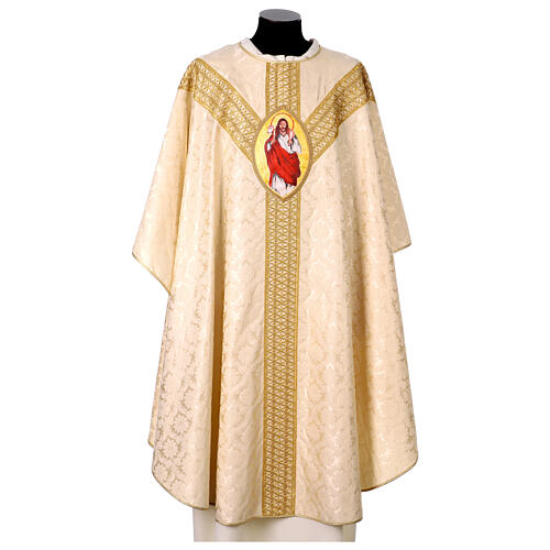 Ivory-coloured silk damask chasuble, hand-painted Good Shepherd by Vebi Confezioni 1