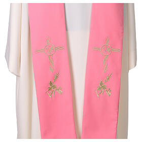 Pink Stole with Machine Embroidered Cross, IHS, Grapes, and Wheat