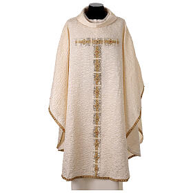 "Première" Chasuble in silk damask with Tau-shaped broad band and coloured crystals by Vebi Confezioni