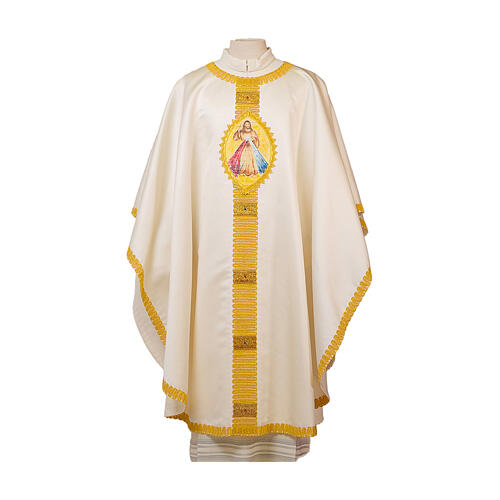 Oval casula in silk blend satin, hand-painted with Merciful Jesus by Vebi Confezioni 1
