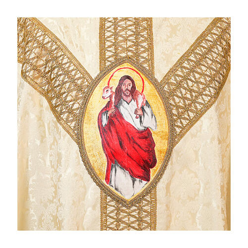 Polyester chasuble with reversed ring collar and hand-painted Good Shepherd oval by Vebi Confezioni 11