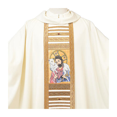 Chasuble en polyester col roulé rond avec ovale du Bon Pasteur peint à la main Vebi Confezioni 5