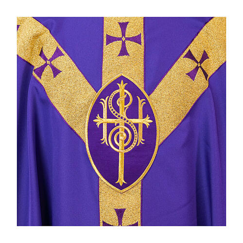 Chasuble with gold trim, crosses, and oval IHS, plain neckline, polyester, Vebi Confezioni 3