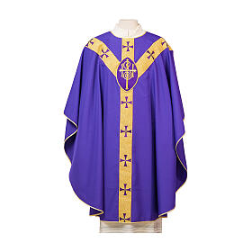 Casulla entorchado oro, cruces y ovalado IHS cuello redondo poliéster Vebi Confezioni