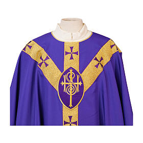 Casulla entorchado oro, cruces y ovalado IHS cuello redondo poliéster Vebi Confezioni