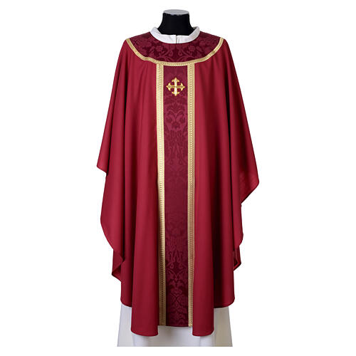 Slabbinck chasuble in 100% wool, damask decorations and embroidered cross 6