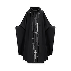 Black chasuble with machine-embroidered crosses by Slabbinck