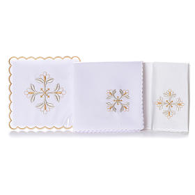 Bielizna kielichowa i welony: Bielizna kielichowa krzyż kwiecisty srebrno złoto 4 cz.