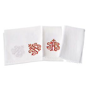 Altar linens set, 100% linen with red IHS and decorations