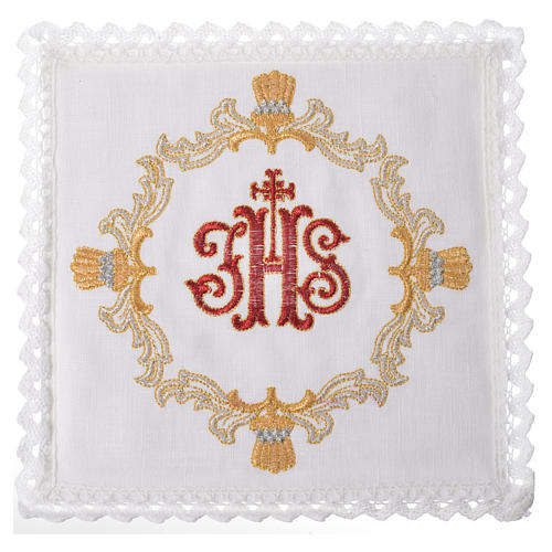 Altar linens set, 100% linen with red IHS and decorations 1