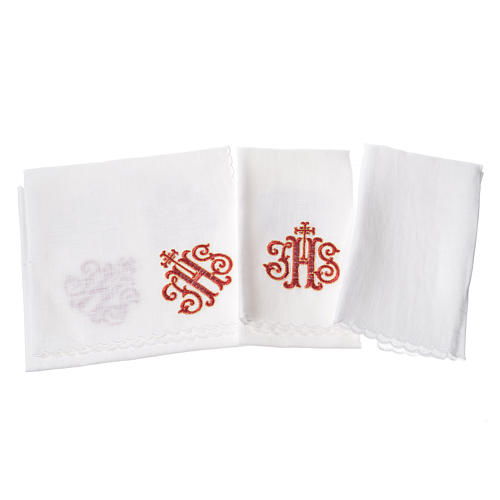 Altar linens set, 100% linen with red IHS and decorations 2