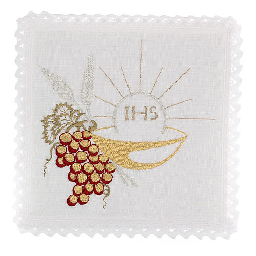 Altar linens set, 100% linen with IHS, paten and grapes 1