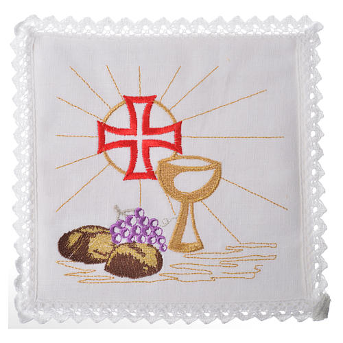 Altar linens 4 piece set, 100% linen with cross, chalice, loaf and grapes 1